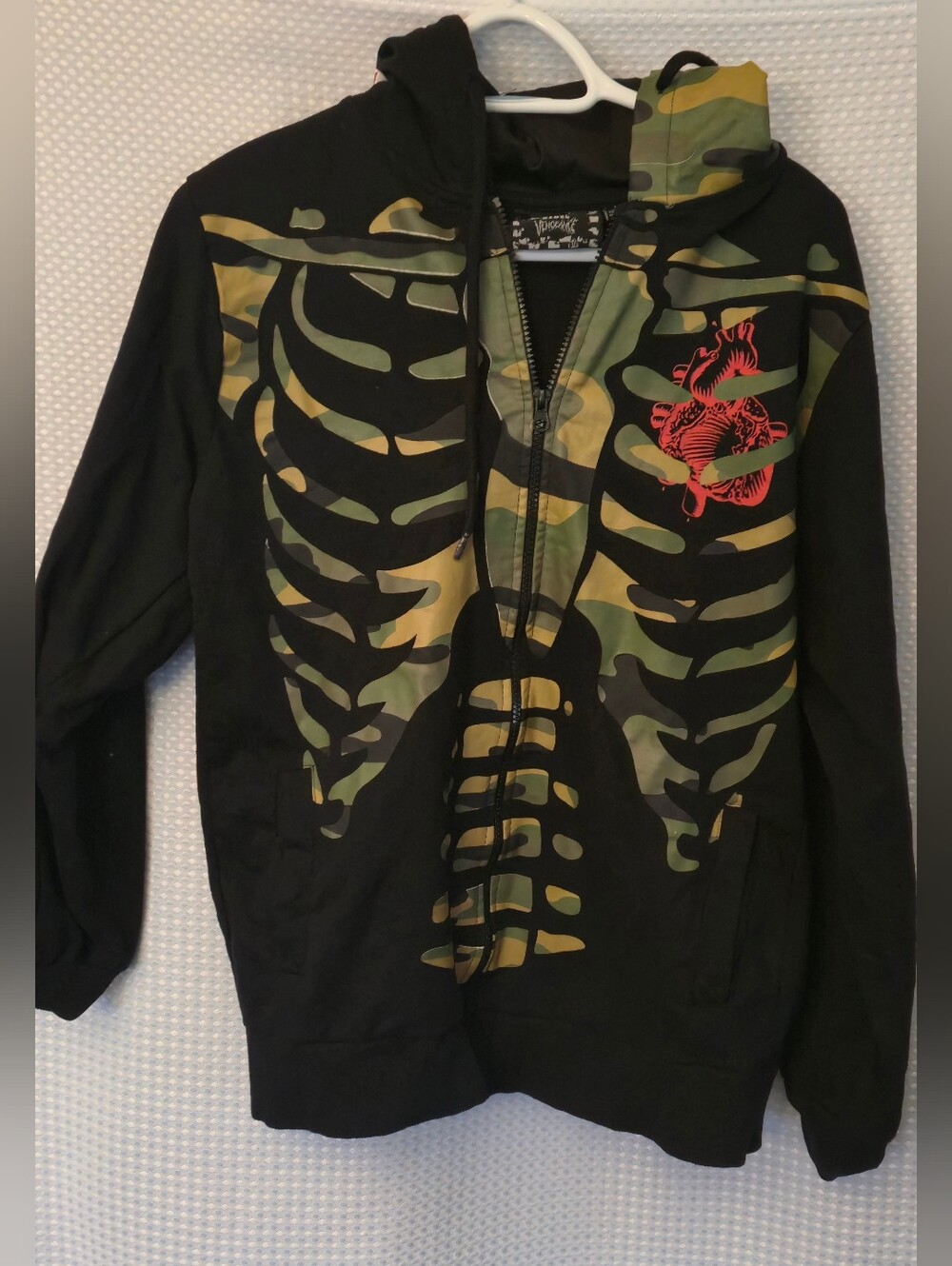 Rebel Vengeance Mens Y2k Skeleton Camo Zip Up Hoodie Black Green M